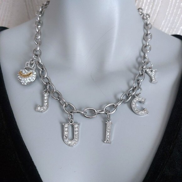VTG Juicy Couture Necklace Y2K Pave Crystals Heart Lock Crown Charm Silver Tone - Picture 7 of 14